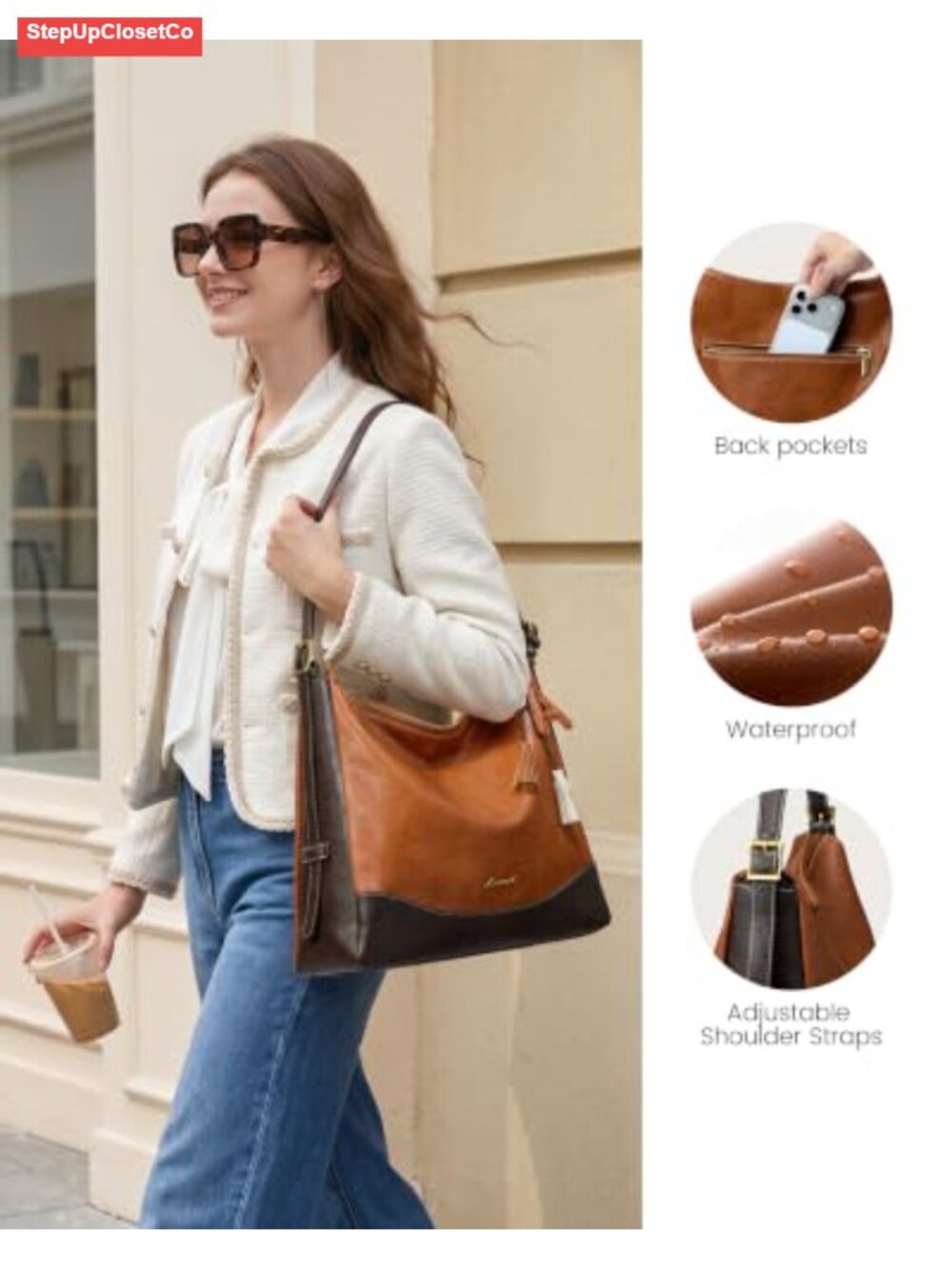 Hobo Bag Women Crossbody Shoulder Purse Faux Leather Hidden Cup Holder Large - Picture 5 of 6
